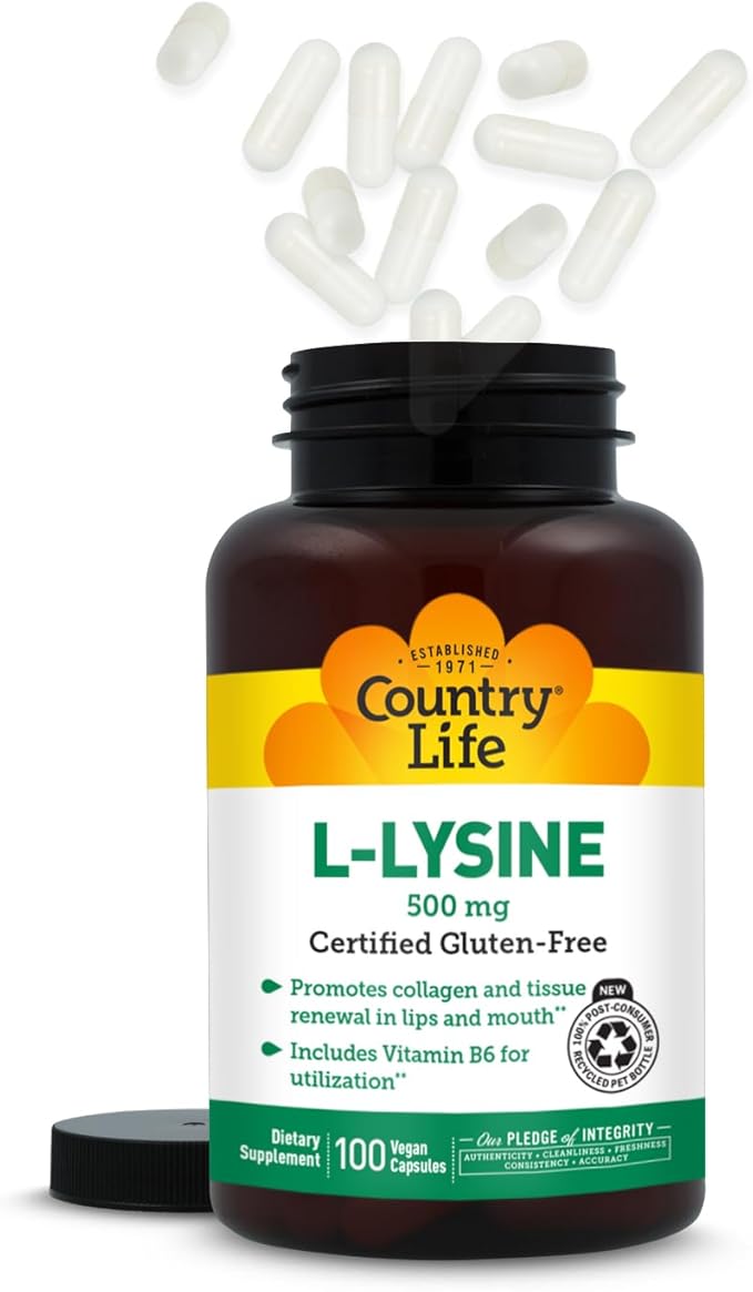 Country Life L-Lysine 500mg with B-6 Supports Immune Health Promotes Collagen Renewal in Lips and Mouth 250 Vegan Capsules Certified Gluten Free Certified Vegan