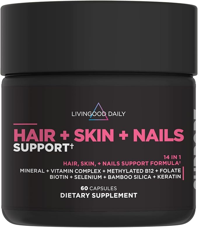 Livingood Daily Hair Skin &amp Nails Supplement 14-in-1 Formula with Biotin Collagen Keratin Bamboo Selenium Folate B12 Zinc and More Beauty Supplement for Women &amp Men Gluten Free 60