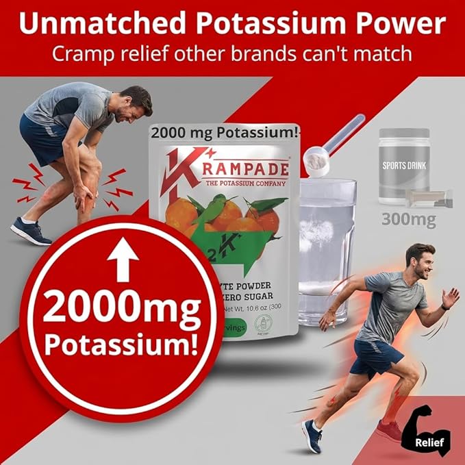 Krampade High Potassium Electrolytes Powder Zero Sugar Orange 4180mg Electrolytes 2000mg Potassium Cramp Relief &amp Prevention Cellular Hydration Better Endurance &amp Recovery Keto 50 Servi