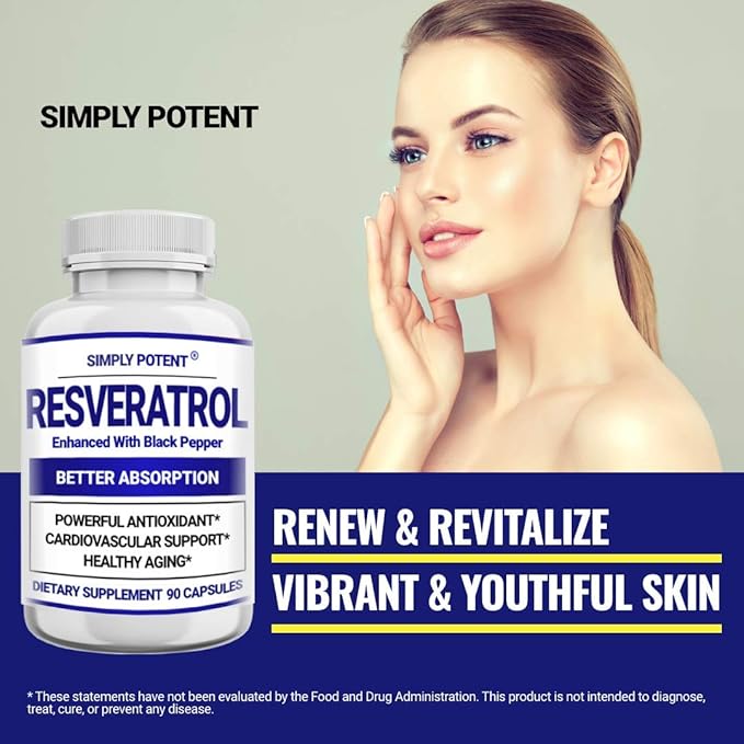Simply Potent Resveratrol 1000mg Supplement with Black Pepper for Max Absorption Antioxidant &amp Anti-Aging Pills for Heart Immune &amp Skin Health 90 Capsules