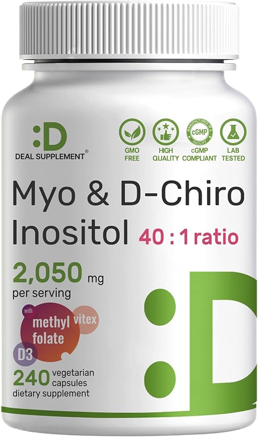 Myo-Inositol &amp D-Chiro Inositol Supplement for Women (40:1) | 2050mg Per Serving | 240 Veggie Capsules | with Folate Vitamin D3 &amp Vitex | Hormonal Balance &amp Cycle Support | Non-GMO
