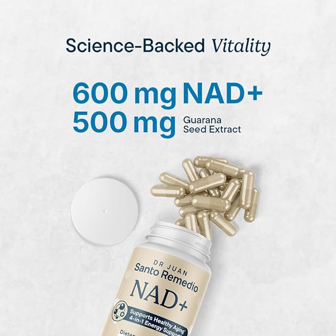 Santo Remedio NAD+ Supplement Helps Support Healthy Aging and Cellular Health 4 in 1 Energy Support Made with Vitamin B12 NAD+ Guarana and Spermidine 30 Servings