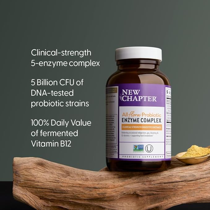 New Chapter All-Flora Enzyme Complex with Probiotics Relieves Bloating &amp Gas - Clinical-Strength Digestive Enzymes + Ultra-Concentrated Probiotics + Fermented Vitamin B12 90 Vegan Capsules