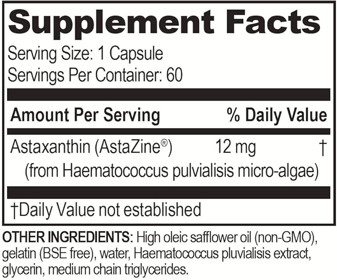 Brain Basics Ultra Pure Astaxanthin - 12mg AstaZine with 6mg Vitamin E. Non-GMO Gluten Free Astaxanthin Supplements for Memory Focus and Clarity - 60 Softgels