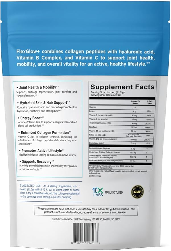 FlexGlow+ Collagen Peptides – Broad Spectrum (I II III V X) – 6900mg – Hyaluronic Acid Biotin &amp Vitamin C – Hair Skin &amp Joint Support – 30 Servings (12.17oz)
