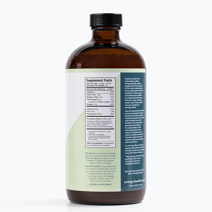 ENTEGRO Flourish Junior Liquid Probiotic &amp Postbiotic Supplement - Plastic | 11 Live Cultures | Gut &amp Digestive Health for Women Men &amp Kids | Organic Vegan Allergen Free | USA Made | 16