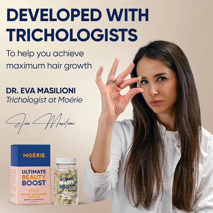 Moerie Hair Growth Supplement for Women &amp Men - Hair Skin and Nails Vitamins With Biotin Q10 &amp Minerals - For Thicker Fuller Hair &amp Hair Loss Treatment - Advanced Beadlet Delivery System
