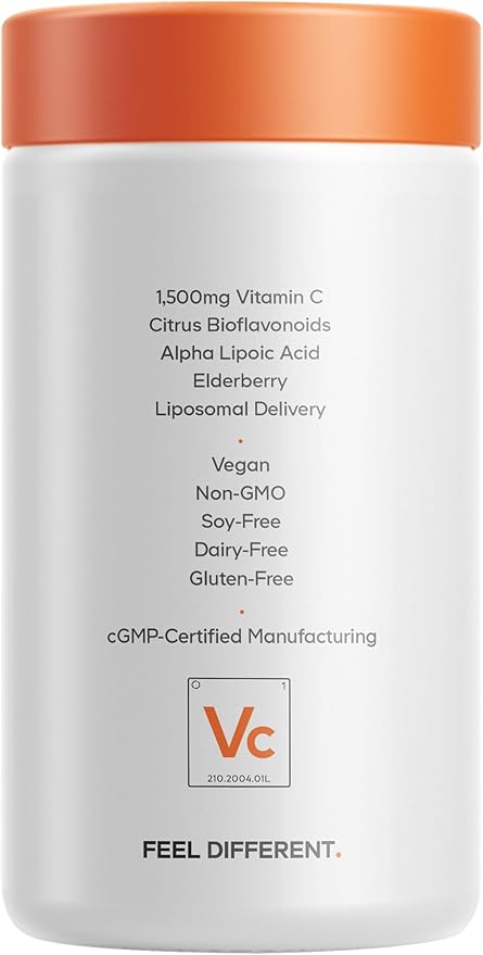 Codeage Liposomal Vitamin C 1500mg with Zinc Elderberry Citrus Bioflavonoids Grapefruit Lemon Orange Powder Quercetin &amp Rose Hips Fruit – Vegan Supplement - Non-GMO Vegan Pills 180 Capsules