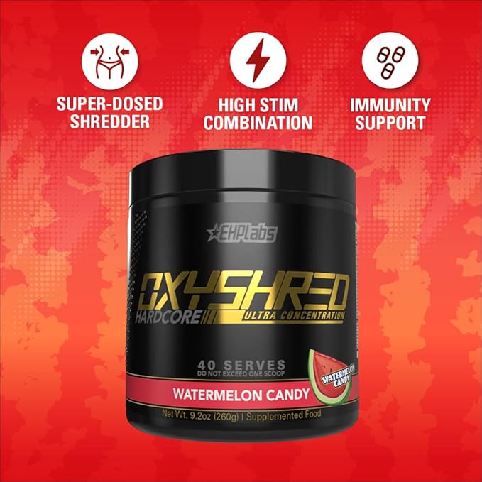EHP Labs OxyShred Hardcore Super Dosed Pre Workout Powder - Preworkout Powder with L Glutamine &amp Acetyl L Carnitine Energy Boost Drink - 275mg of Caffeine - Watermelon Candy 40 Servings