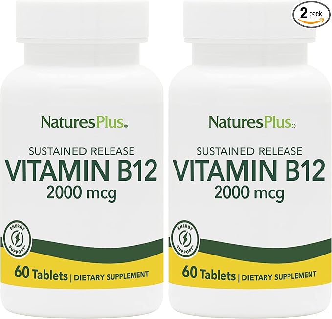 NaturesPlus Vitamin B12 (Methylcobalamin) Sustained Release - 2000 mcg 60 Vegetarian Tablets - High Potency Red Blood Cell Support - Natural Energy Booster - Gluten-Free - 60 Servings (Pack of 2)