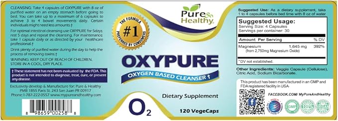 Pure &amp Healthy Oxypure Magnesium Oxide Colon Cleanser with Sodium Bicarbonate Veggie Capsules 120 Count