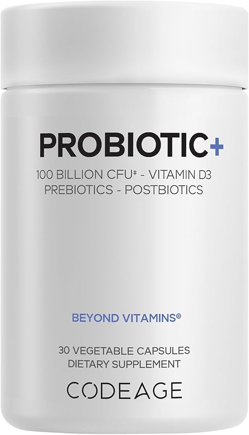 Codeage Probiotic+ 100 Billion CFU Supplement - 12-Strain Probiotic Blend Organic Prebiotic Fiber Postbiotics Vitamin D3 Zinc Bisglycinate Quercetin - for Men &amp Women - Non-GMO- 30 Capsules
