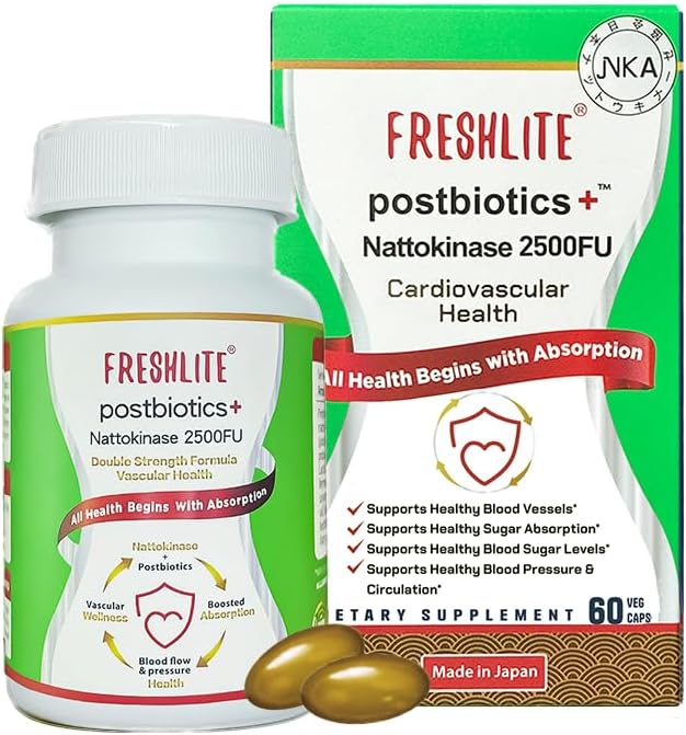 FRESHLITE 2500FU Premium NSK-SD Nattokinase &amp Vegan Postbiotics for Cardiovascular Support | Blood Pressure Cholesterol &amp Heart Health | JNKA Certified | Non-GMO Gluten-Free 60 Capsules Jap
