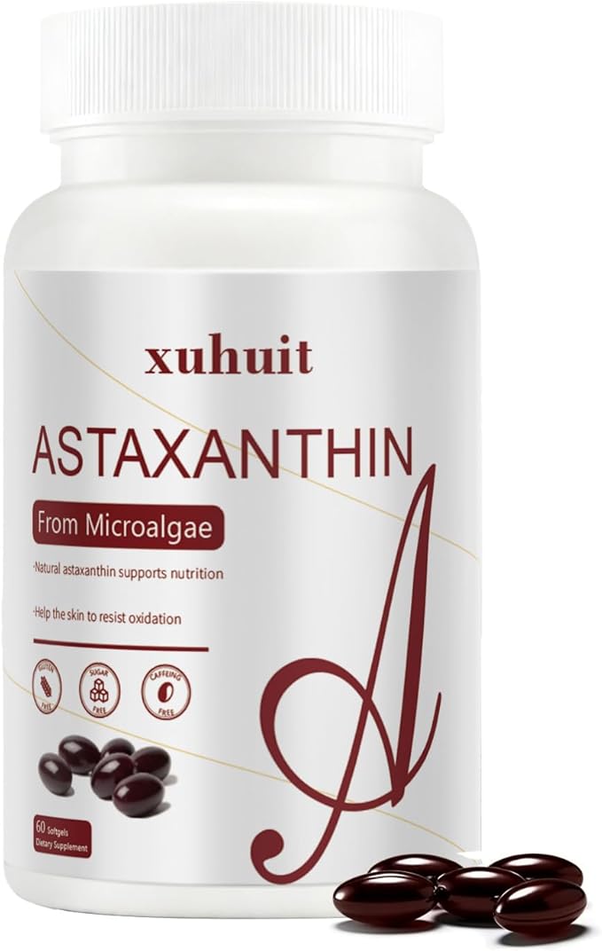Astaxanthin 12mg 60 Softgels Natural Antioxidant Supplement from Microalgae Non-GMO Soy Free Supports Skin Health Easy to Swallow Softgels 2 Month Supply (1)
