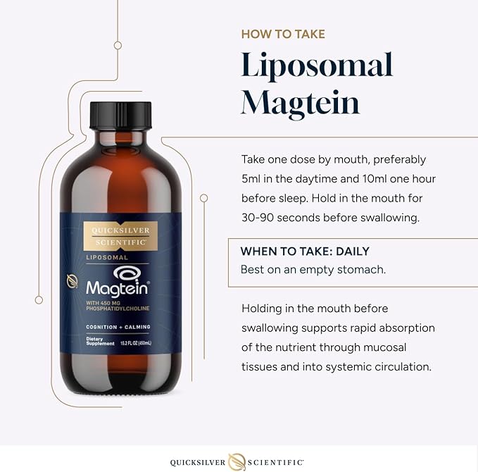 Quicksilver Scientific Liposomal Magtein - Magnesium Supplement for Brain Function Support - Stress Sleep &amp Memory Support - Gluten-Free Sugar-Free &amp Vegan - 15.2 fl oz (30 Servings)