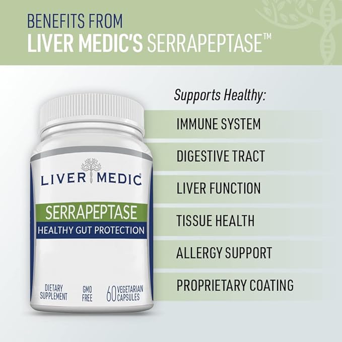 Serrapeptase Pure Digestive Proteolytic Enzymes Enteric Coated Premium Healthy Gut Protection and Vegan Liver Support Supplement for Sinus Respiratory and Gut Health NonGMO (60 Caps)