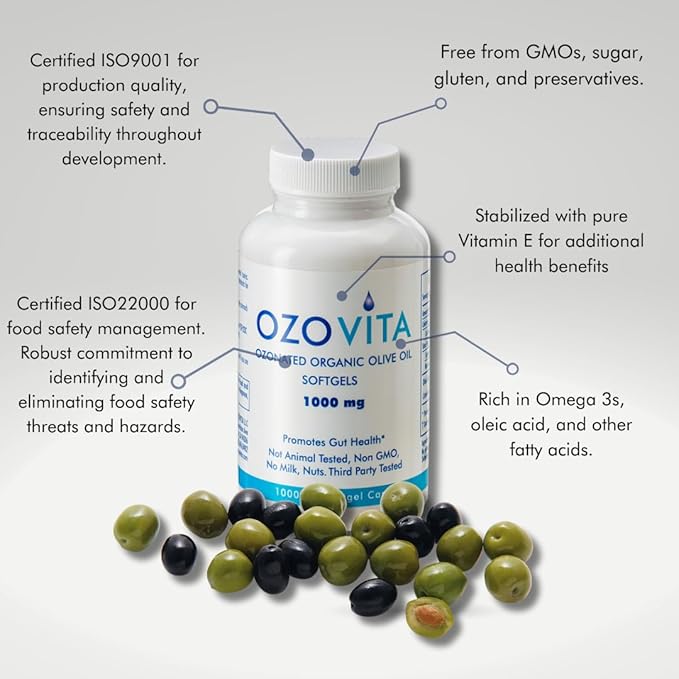 High Potency Ozonated Organic Extra Virgin Olive Oil Softgels 1000mg | Pure Oxygenated Capsules for Immune Support &amp Gut Health | Organic Oxygen Infused Supplement | 2 Month Supply