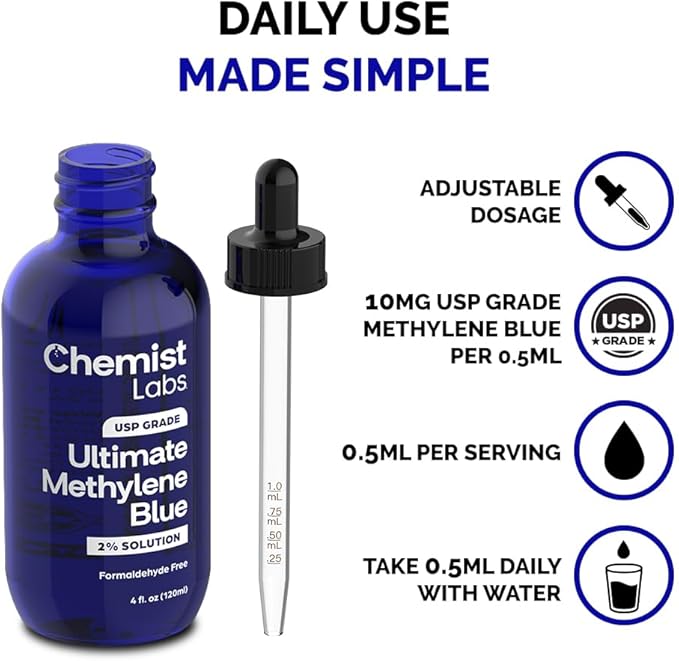 2% Pharmaceutical Grade Methylene Blue Liquid Solution - 99% Purity USP Grade Blue Methylene Cellular &amp Mitochondrial Support Third-Party Tested Made in USA 4oz