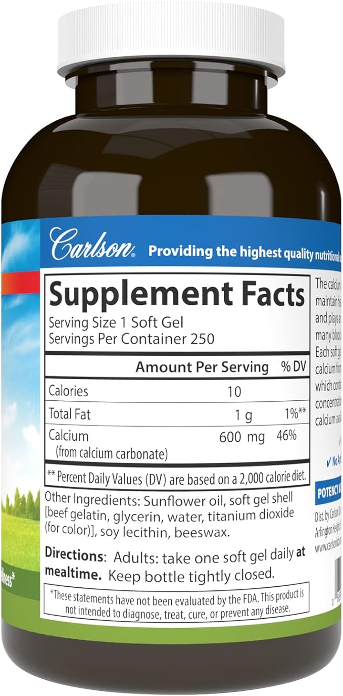 Carlson - Cal-600 600 mg Calcium Bone Support Healthy Teeth &amp Optimal Wellness 250 Softgels