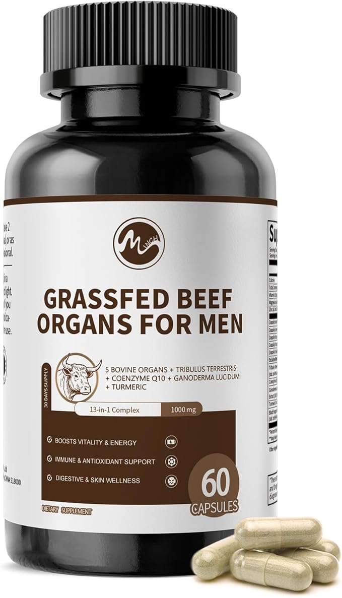 M inch Beef Organs Supplement Beef Liver Capsules with Kidney Pancreas Tribulus Terrestris CoQ10 Zinc &amp Magnesium for Men's Vitali*ty Energ*y Immune Support Gluten-Free Non-GMO 120 Cou