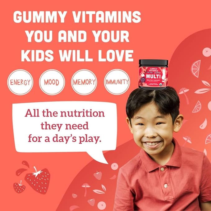 Llama Naturals Kids Multivitamin Gummies | Real Fruit No Added Sugar Cane | Organic Vegan Toddler Whole Food Vitamins | Vitamin D C &amp Beta Carotene Gummy Supplement | Strawberry 180 Ct (2-3 Mont
