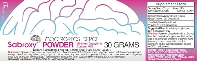 Nootropics Depot Sabroxy® Oroxylin-A Powder | 30 Grams | Minimum 10% Oroxylin-A | Oroxylum indicum | May Help Promote Focus &amp Motivation | May Help Promote Cognitive Function