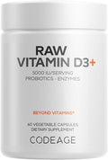 Codeage Raw Vitamin D3+ High Potency 5000 IU Supplement from Saccharomyces Cerevisiae - Raw Vitamin Probiotics Digestive Enzymes Fruits &amp Greens - 2-Month Supply - 60 Capsules