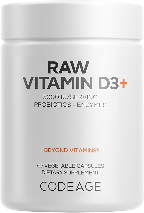 Codeage Raw Vitamin D3+ High Potency 5000 IU Supplement from Saccharomyces Cerevisiae - Raw Vitamin Probiotics Digestive Enzymes Fruits &amp Greens - 2-Month Supply - 60 Capsules