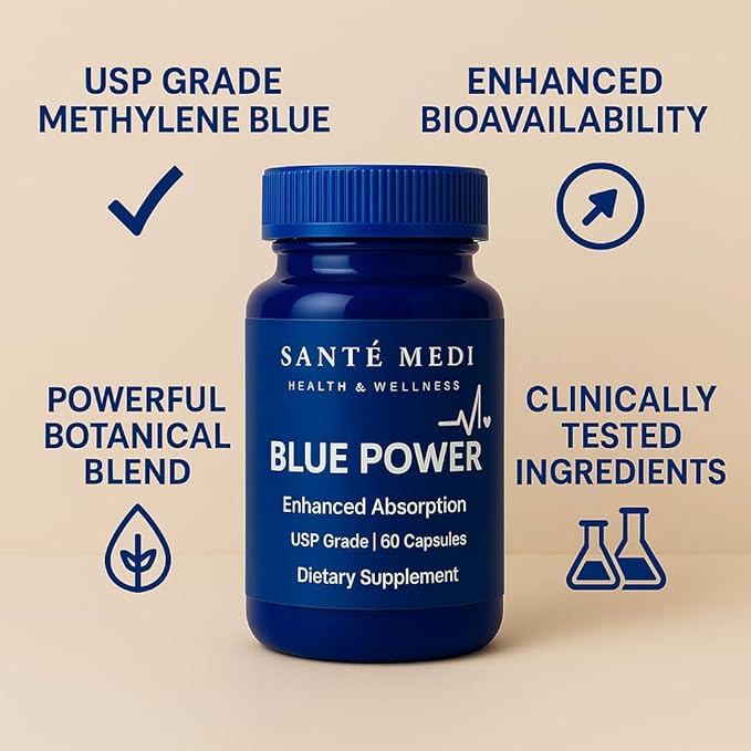 Blue Power - Methylene Blue (USP Grade) Pharma Grade - 60 Capsules with Added Vitamin C Ester for Enhanced Absorption - Brain Supplement for Memory Focus Clarity Cognitive Function