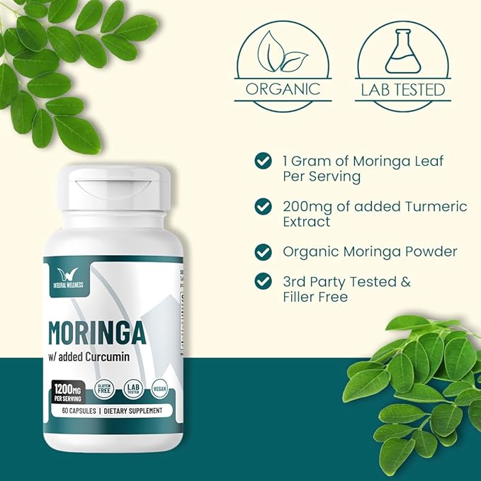 Moringa w/Curcumin Capsules (60 Caps) 1200mg Per Serving - 3rd Party Tested Filler-Free
