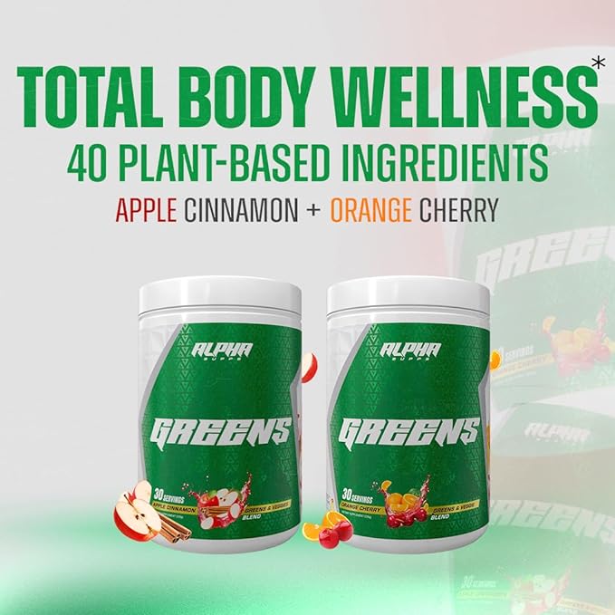 Alpha Supps - Alpha Greens Supplement | Fruit &amp Vegetable Superfood Powder | Over 40 Natural Plant Based Ingredients | Prebiotic &amp Probiotic Digestive Support Blend - 30 Servings (Apple Cinnam