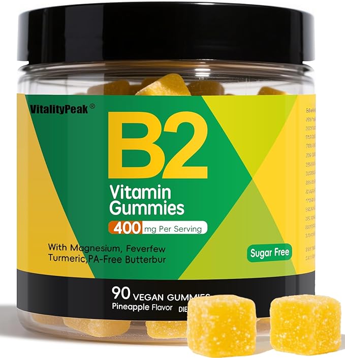 Riboflavin Vitamin B2 Gummies 400mg for Adults &amp Kids | Migraine Supplement with Magnesium Turmeric Cayenne Pepper Butterbur for Energy &amp Nervous Support | Vegan Sugar Free 90 Count