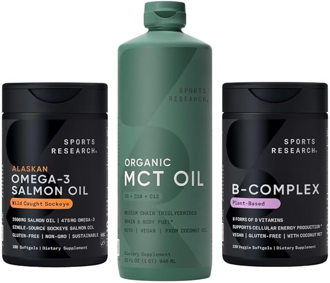 Sports Research® Supplements Pack - Omega 3 Salmon Oil + Organic MCT Oil + Vitamin B-Complex