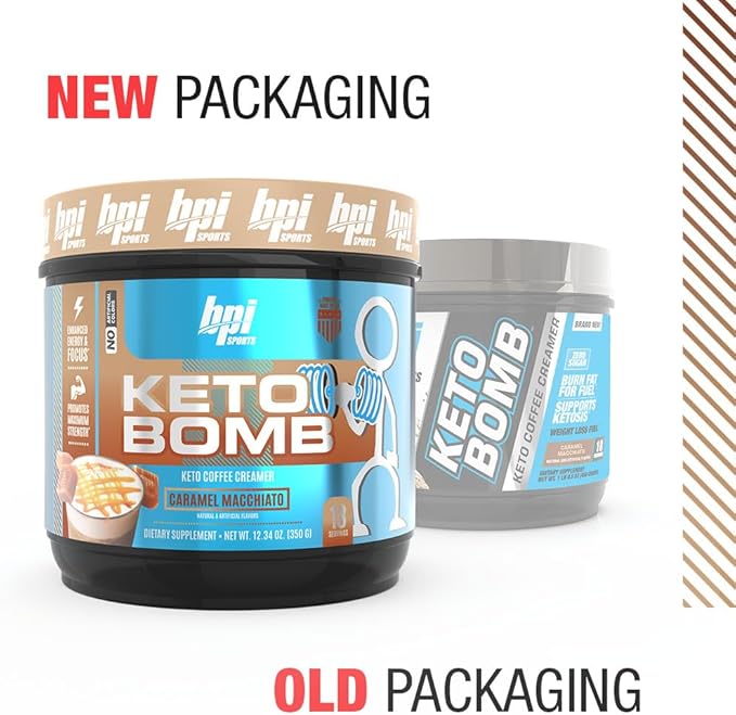 BPI Sports Keto Bomb Coffee Creamer - Supports Energy and Hydration - MCT and Electrolytes - with Calcium - Caramel Macchiato 18 Servings