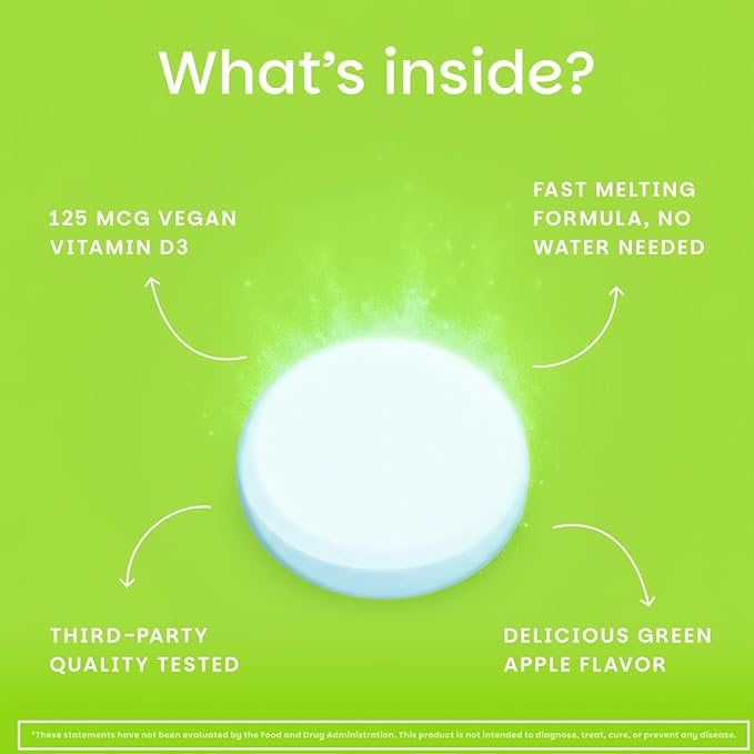 EZ Melts Dissolvable Vitamin D3 5000 IU - Vegan Vitamin D Supplement for Bone &amp Teeth Support - No Artificial Flavors - Plant-Based &amp Non-GMO - Green Apple - 180 Dissolvable Tablets (180 Serv