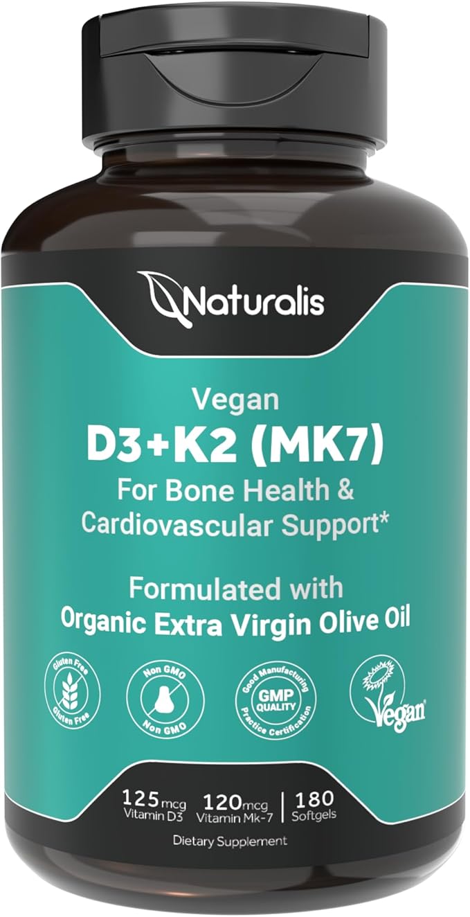 Naturalis Vegan Vitamin D3+K2 from Algae | 5000 IU D3 with 120mcg MK7 | Vegan Society CertifiedSustainably SourcedBetter Than Animal Derived | Better Support for Bone &amp Immune Health* | 180 Soft