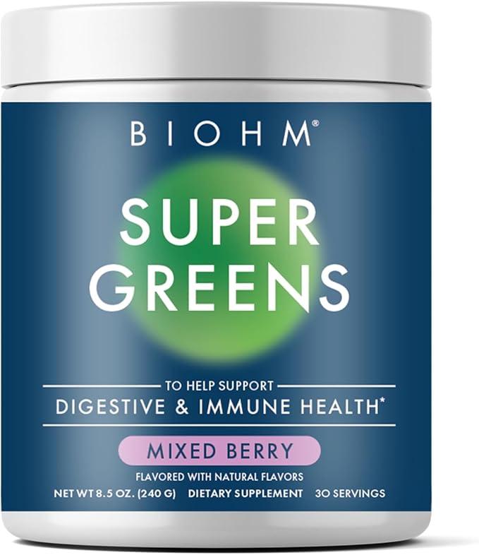 BIOHM Super Greens Green Superfood Powder (8.5 Oz 30 Servings) Antioxidant Veggie Powder &amp Smoothie Mix 34 Superfoods &amp Spirulina Digestive Enzymes Prebiotics and Probiotics Mixed Berry
