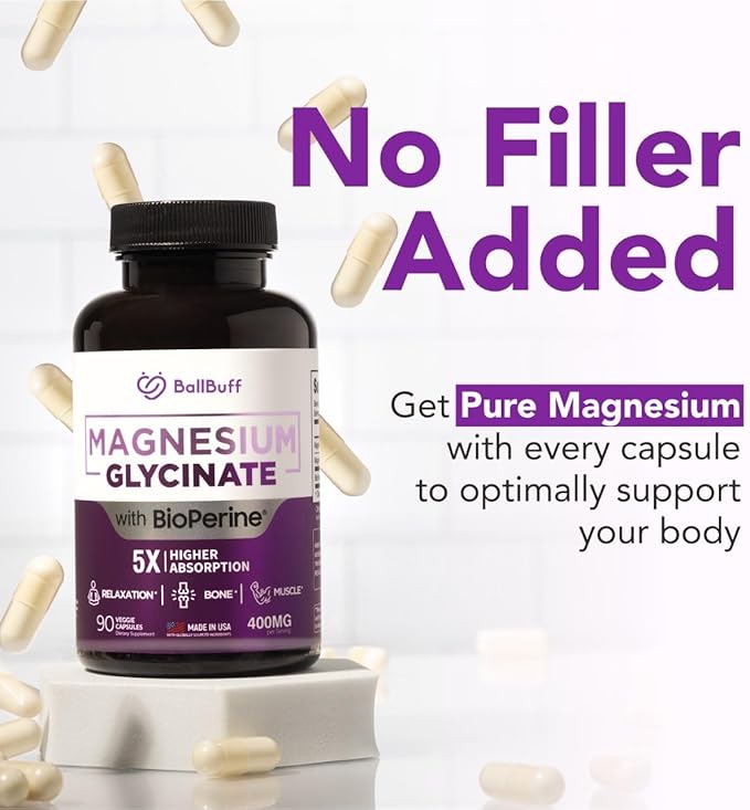 Pure Magnesium Glycinate 400mg - 5X Higher Absorption - Support Stress Relief Sleep Bone Health - 100% Chelated - Pure Magnesium Supplement for Women and Men- 90 Veggie Capsules