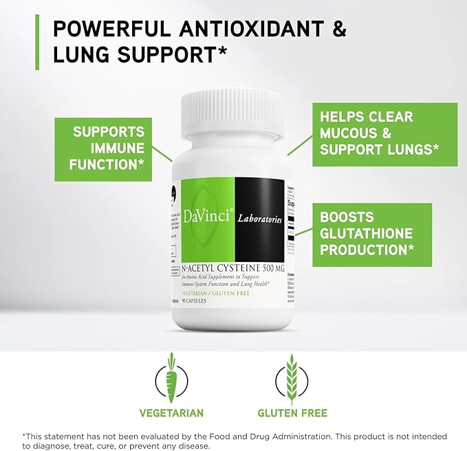 DAVINCI Laboratories - N-Acetyl Cysteine 500 mg - an Amino Acid Supplement to Support Immune System Function and Lung Health - Vegetarian Gluten-Free - 90 Capsules