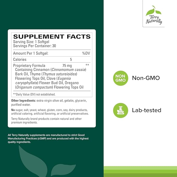 Terry Naturally Bacteril - Intestinal Support Supplement with Clove Cinnamon Thyme &amp Oregano - Immune Support Supplement with Antioxidant Support - Intestinal Support - 30 Softgels