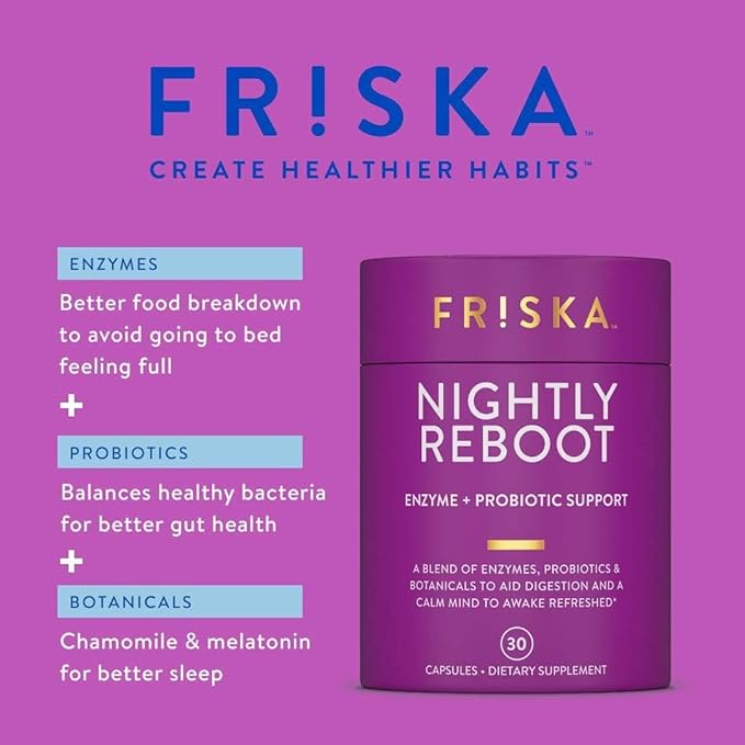 Friska Nightly Reboot - Nighttime Digestive Enzymes Probiotic for Gut Balance &amp Bloating Support with Melatonin &amp Chamomile to Promote Relaxation &amp Sleep 90 Capsules