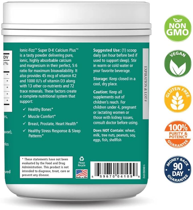 Ionic Fizz Super D-K Calcium Plus by Pure Essence - with Extra Magnesium Vitamin D3 Vitamin K2 for Strong Bones and Stress Support - Mixed Berry - 14.82oz