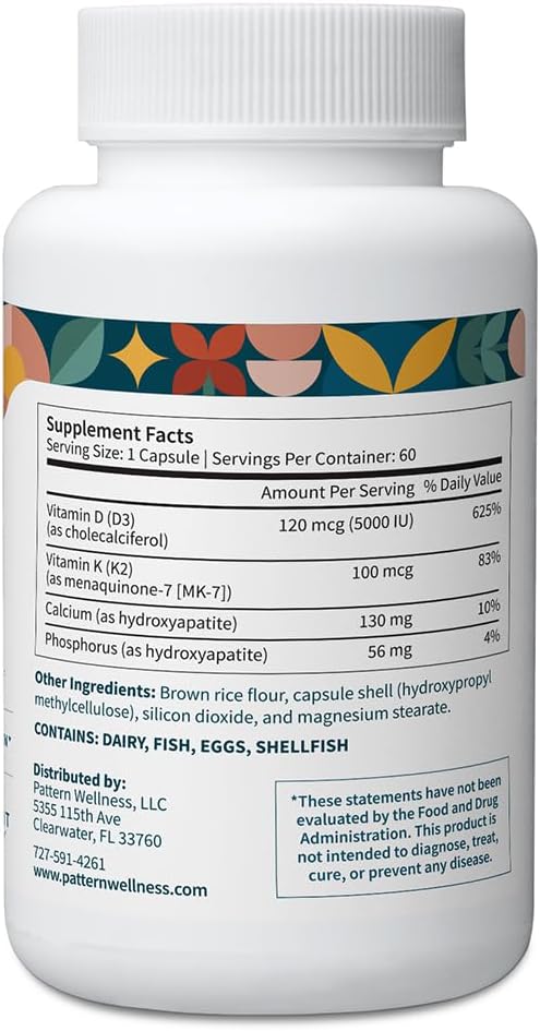 Pattern Wellness Vitamin K2 &amp D3 Supplement with Calcium – Bone Health Circulatory Wellness &amp Immune Support - Non-GMO - 60 Capsules