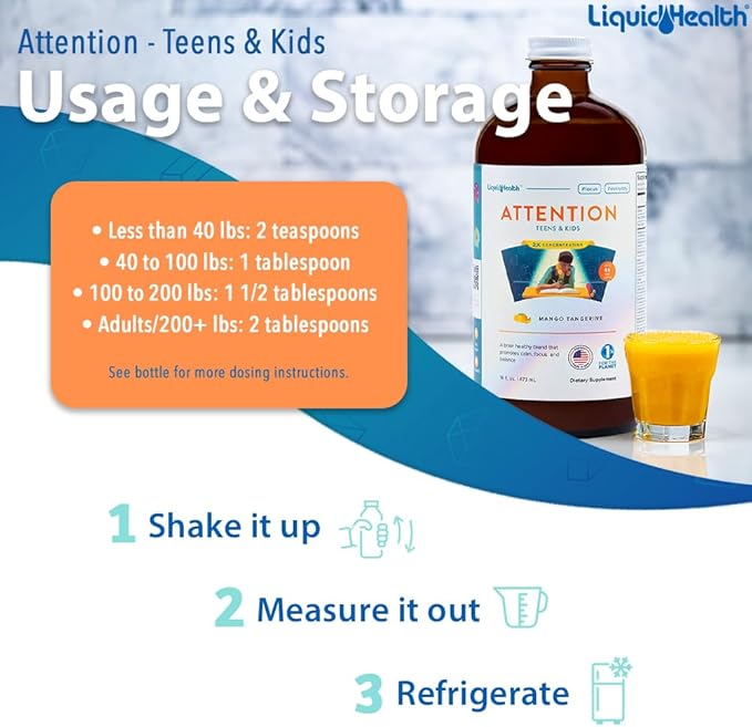 LIQUIDHEALTH Attention Liquid Multivitamin for Kids &amp Teens - Improves Memory Retention Concentration Focus Mood Relaxation &amp Calming - Made in the USA Great Taste Vegan Sugar-Free (16
