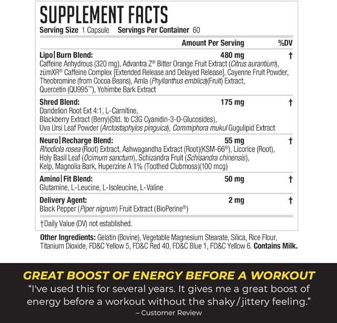NDS Nutrition XT - Super Concentrated Thermogenic with L-Carnitine &amp Teacrine for Shredding Fat - Supports Maximum Energy Focus Calorie Burning Diuretic Appetite Control (60 Capsules)