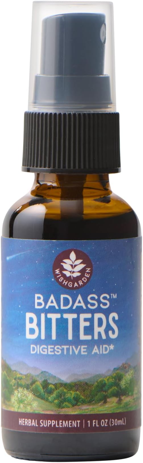 WishGarden Herbs Badass Bitters Organic Digestive Bitters Gentian Root &amp Fenugreek Herbal Formula for Bloating &amp Digestion Swedish Bitters Liquid Spray Gluten-Free Vegan 1oz