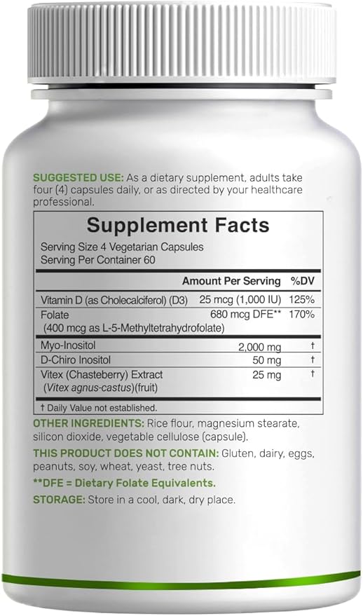 Myo-Inositol &amp D-Chiro Inositol Supplement for Women (40:1) | 2050mg Per Serving | 240 Veggie Capsules | with Folate Vitamin D3 &amp Vitex | Hormonal Balance &amp Cycle Support | Non-GMO