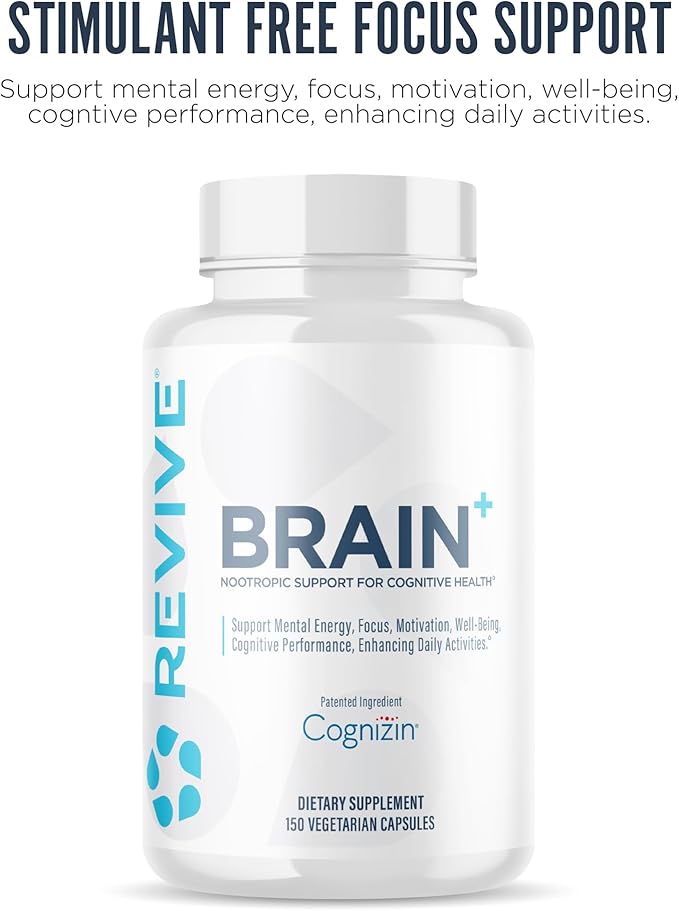 Revive MD Brain Supplement for Memory &amp Focus – Stimulant-Free Nootropic Formula for Cognitive Health with Niacin Vitamins B6 &amp B12 Acetyl-L-Carnitine HCL &amp Alpha-GPC – 150 Capsules (30