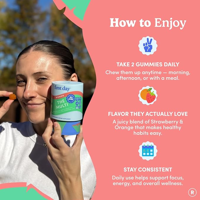 FIRST DAY Multivitamin for Women - Daily Womens Multivitamin Gummies - Vitamin A C D E B12 Magnesium Zinc Biotin – Vegan Gluten Free Womens Vitamins - Hair Growth Skin Energy – 60 Day Supply