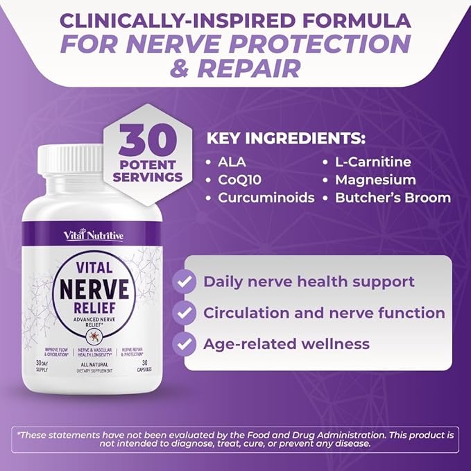 Vital Nerve Relief Supplement for Tingling &amp Discomfort – Alpha Lipoic Acid Magnesium CoQ10 – Vegan Non-GMO Gluten-Free Sugar-Free Dairy-Free – 60 Days Supply